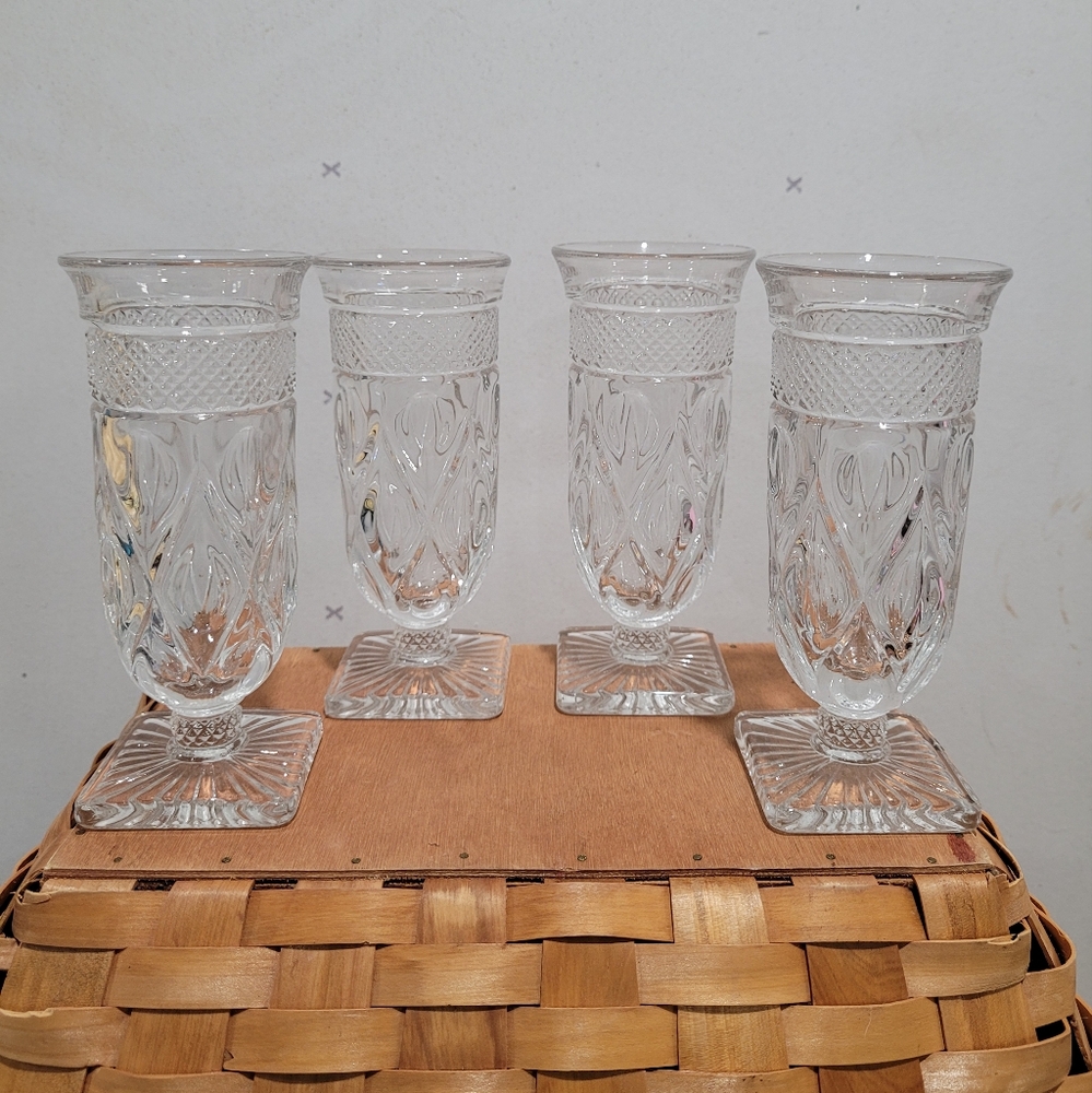 Four Vintage Slender Molded Carve Clear Parfait Glasses Unmarked